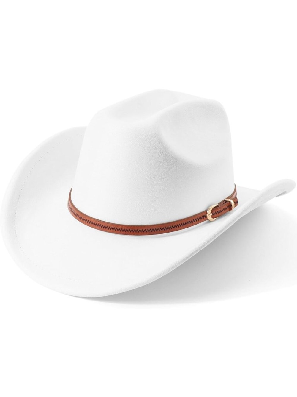 Unisex White Pull-On Classic Felt Wide Brim with Belt Buckle Western Cowboy Hat